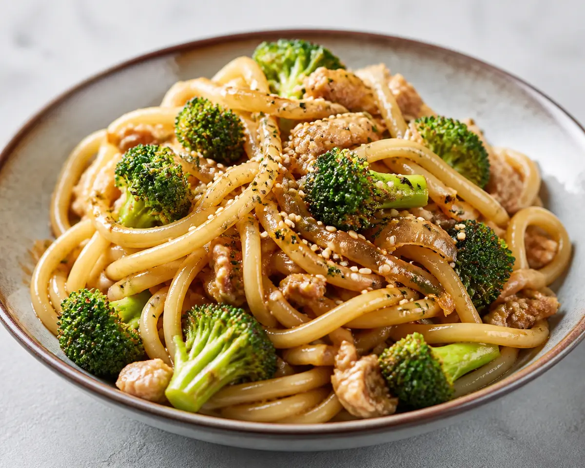 Fideos udon con pavo glaseado al yuzu y cebolla caramelizada, brócoli salteado y furikake de sésamo