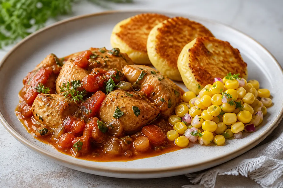 Sudado de pollo al tamarillo y hierbas con tortitas de yuca y ensalada tibia de maíz