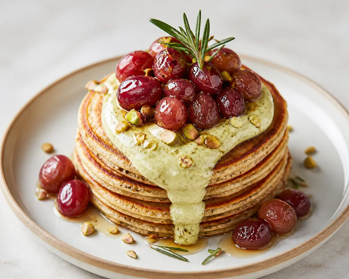 Panqueques de Avena y Naranja con Uvas Tibias al Romero y Crema de Yogur con Pistacho