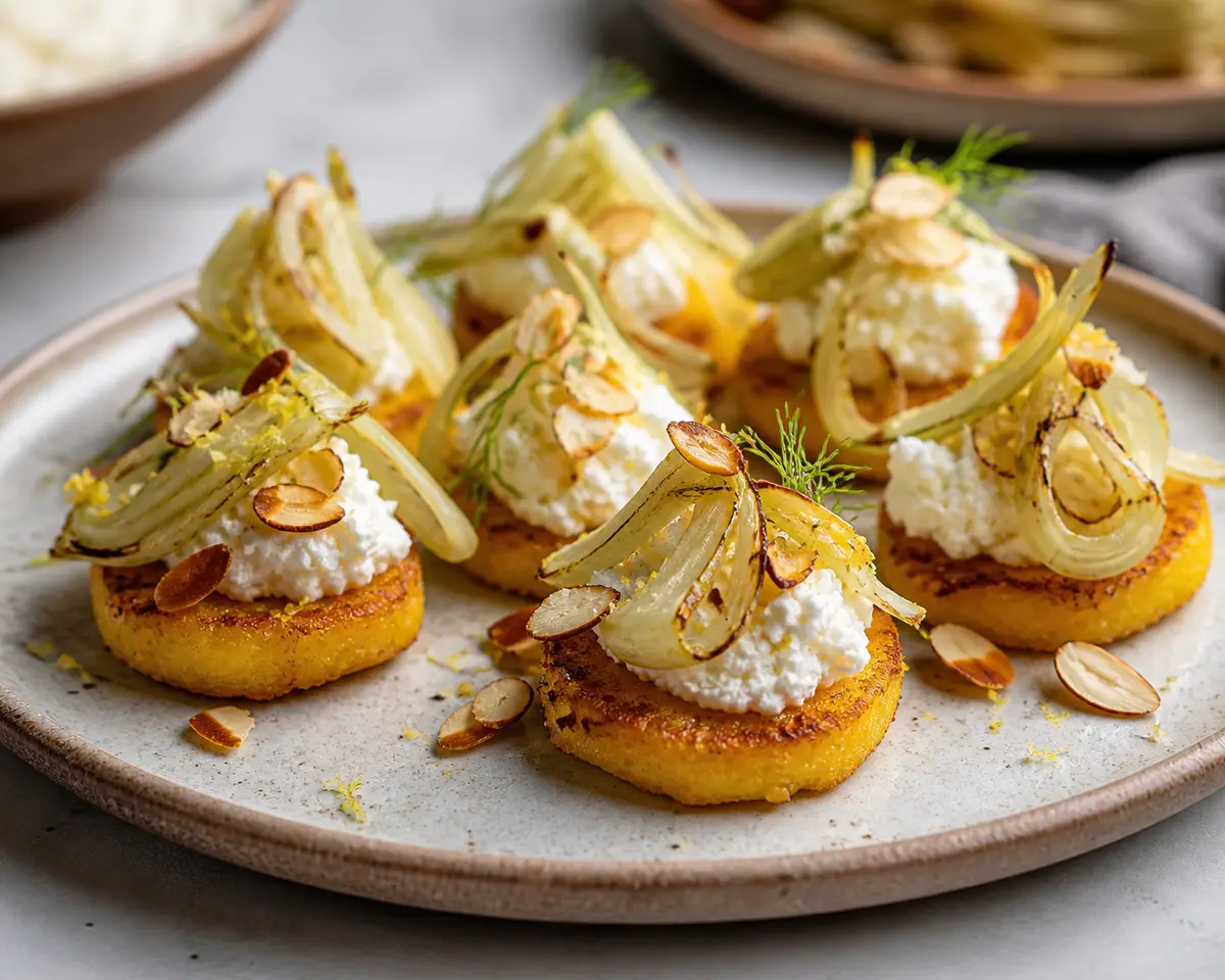 Bocados de polenta dorada con crema de ricotta al limón, hinojo tostado y almendra