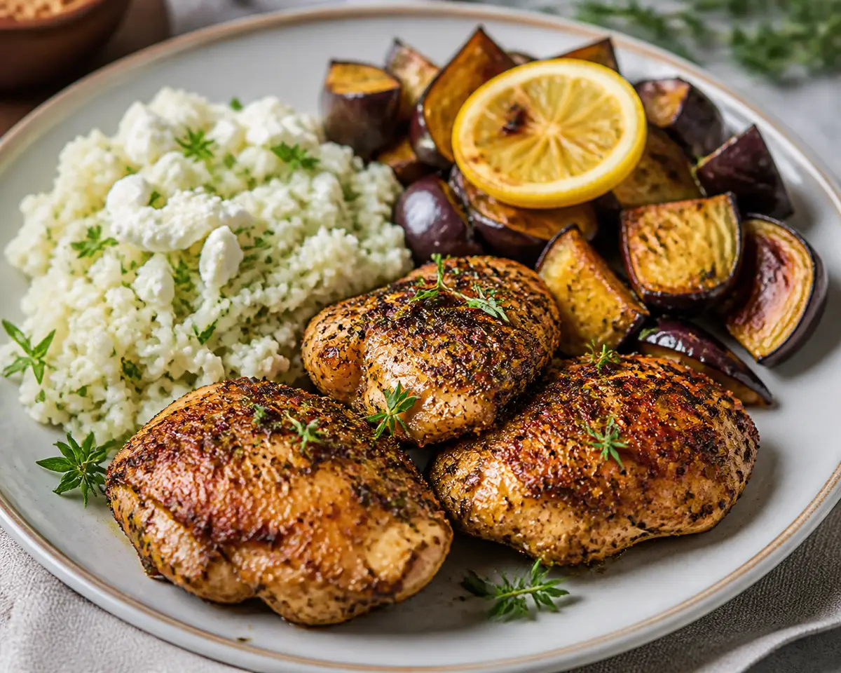 Muslos de pollo al zaatar suave con arroz cremoso de coliflor y feta, y berenjena asada al limón