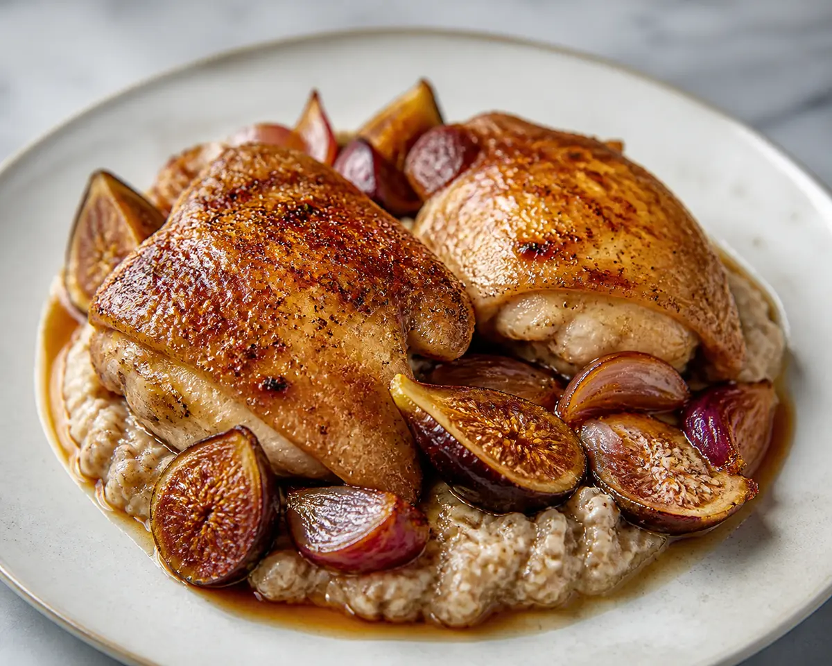 Roasted Chicken with Roasted Fig, Shallot and Sherry Vinegar Sauce over Creamy Buckwheat