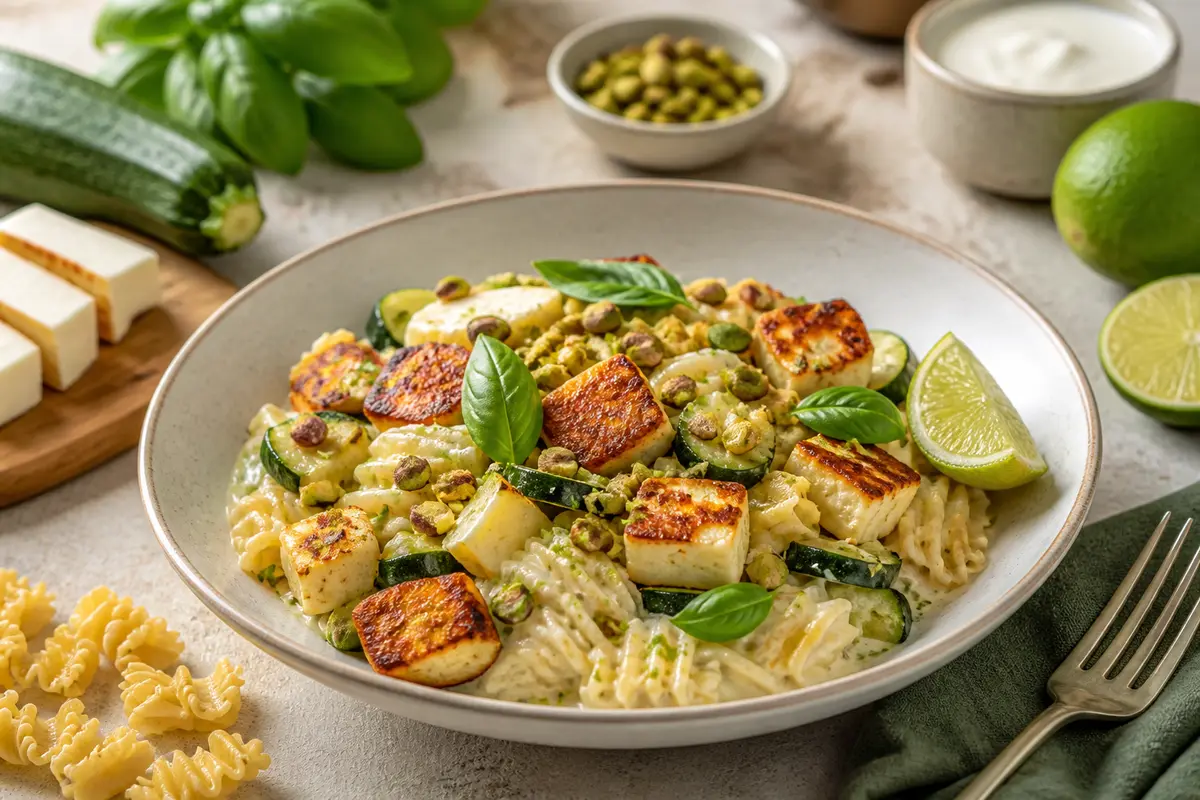Creamy Radiatori with Golden Zucchini, Basil, Lime and Crispy Halloumi with Pistachio
