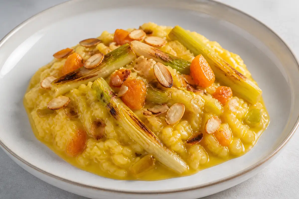 Arroz meloso de puerro a la plancha, albaricoque seco y crema suave de azafrán con almendra tostada