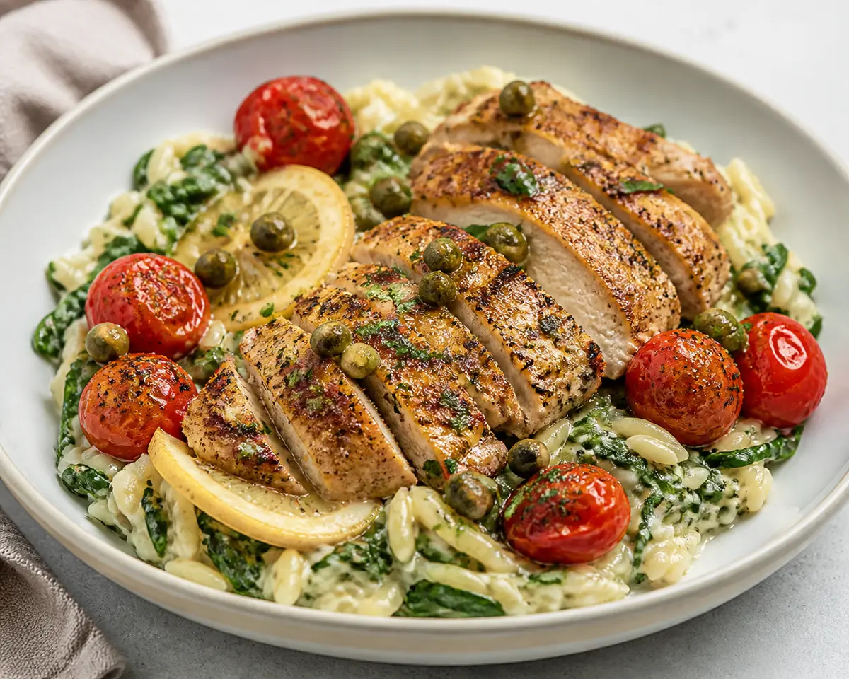 Warm Lemon-Caper Chicken Bowl with Creamy Spinach Orzo and Roasted Tomatoes