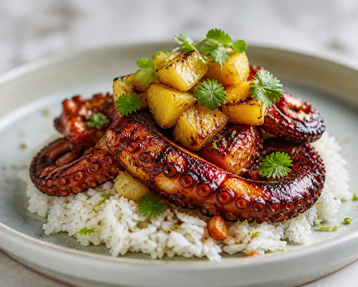 Pulpo Glaseado al Pimentón Ahumado con Arroz Cremoso de Coco y Lima y Piña Chamuscada