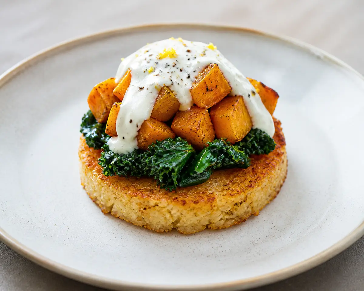 Corona de arroz crujiente con calabaza especiada, kale salteado y crema de feta al limón