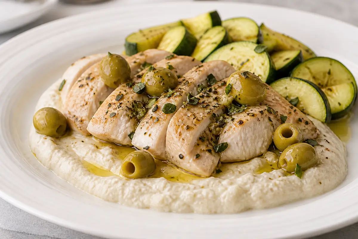 Pollo al orégano y aceituna verde con crema de coliflor asada y calabacitas al limón