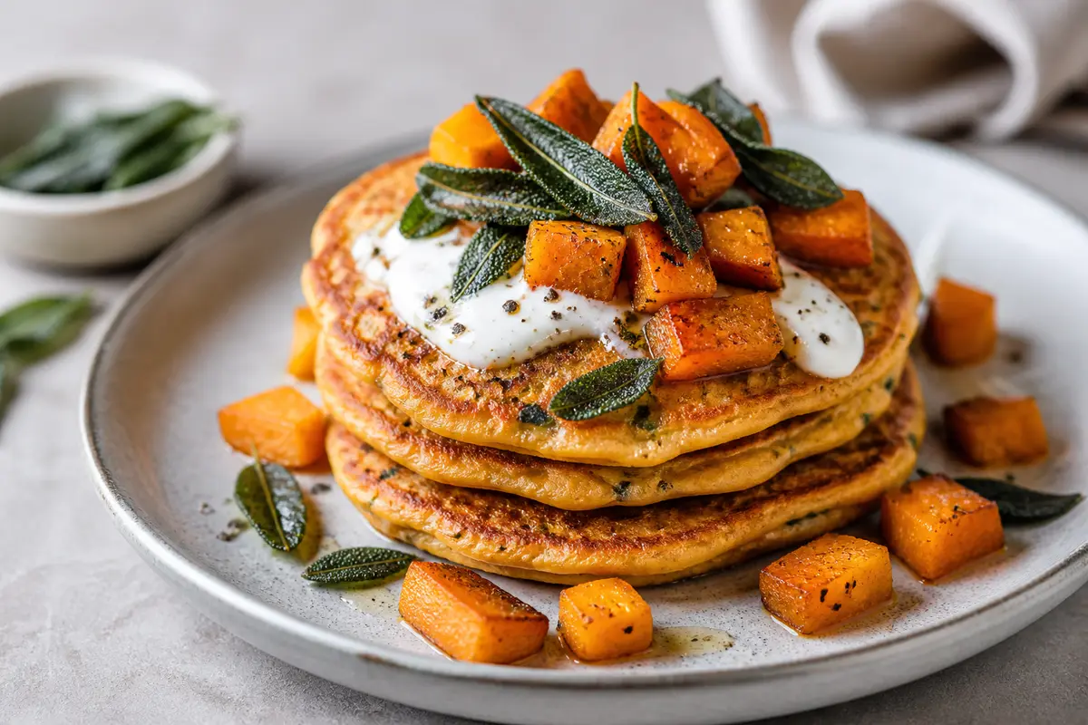 Red Lentil Pancakes with Roasted Pumpkin, Lemon Yogurt and Crispy Sage