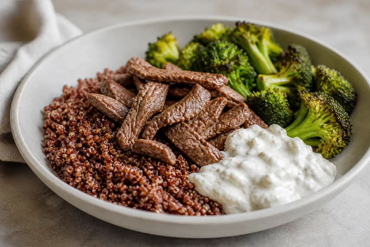 Bowl Proteico de Ternera al Comino con Crema de Requesón, Quinoa Roja y Brócoli Tostado