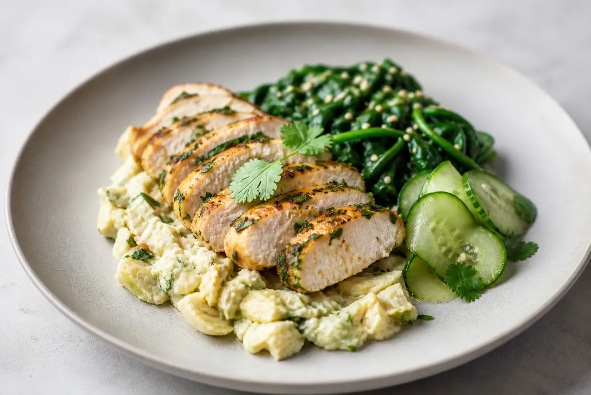 Pechuga de pavo al cilantro sobre puré de coliflor y alcachofa con espinacas al sésamo y pepino encurtido rápido