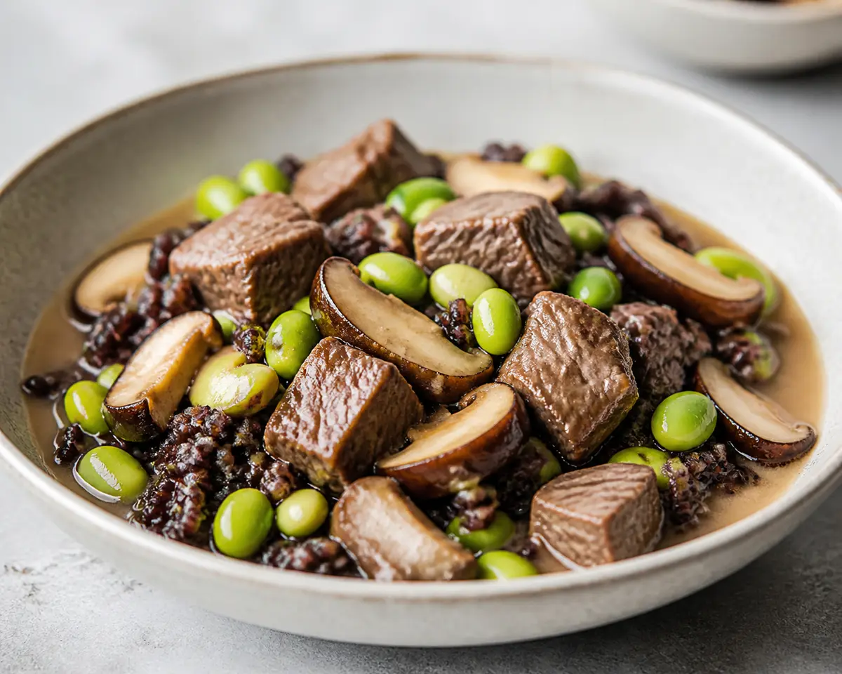 Instant Pot White Miso Beef with Black Rice, Shiitake Mushrooms and Edamame