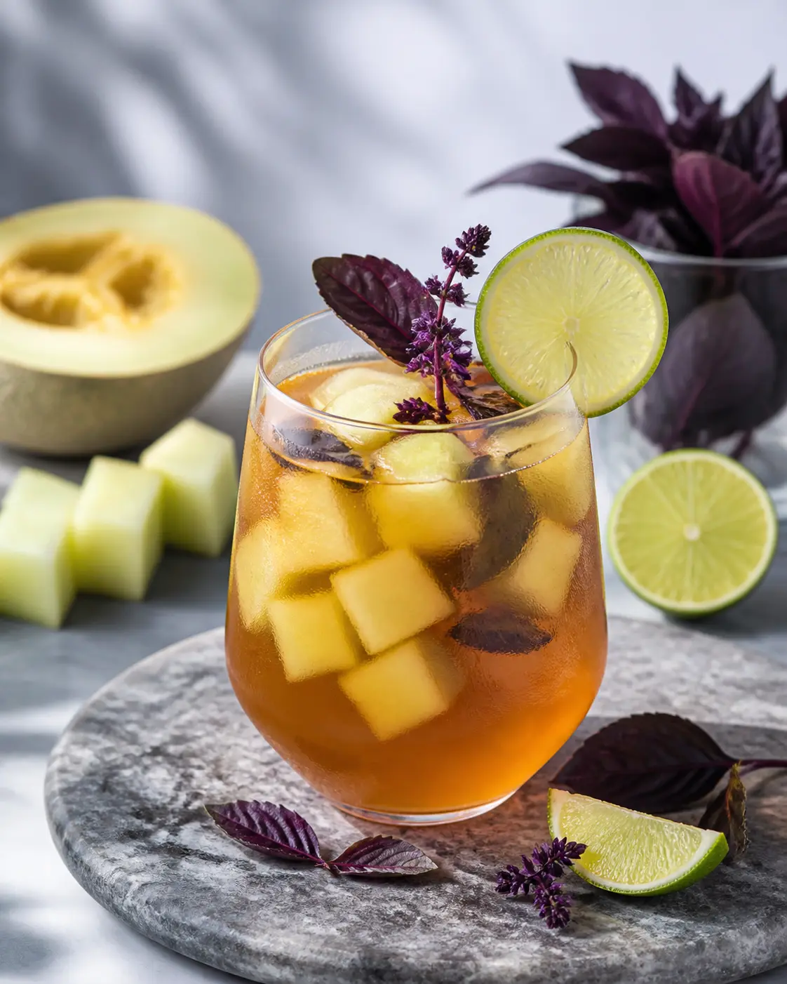 Iced piel de sapo melon, lime, and black tea spritz with purple basil