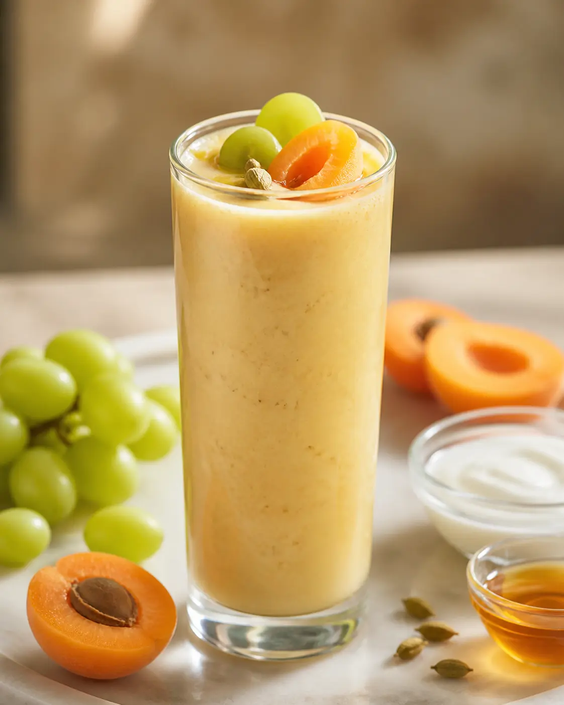 Apricot, Green Grape and Yogurt Breeze Smoothie with Cardamom and Honey