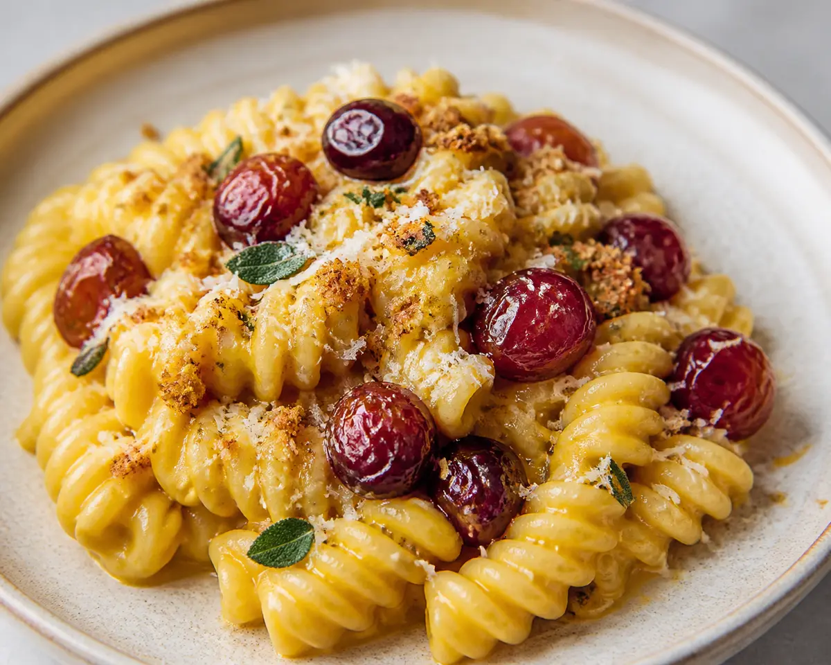 Fusilloni with golden cauliflower cream, pecorino, balsamic roasted grapes, and sage pangrattato