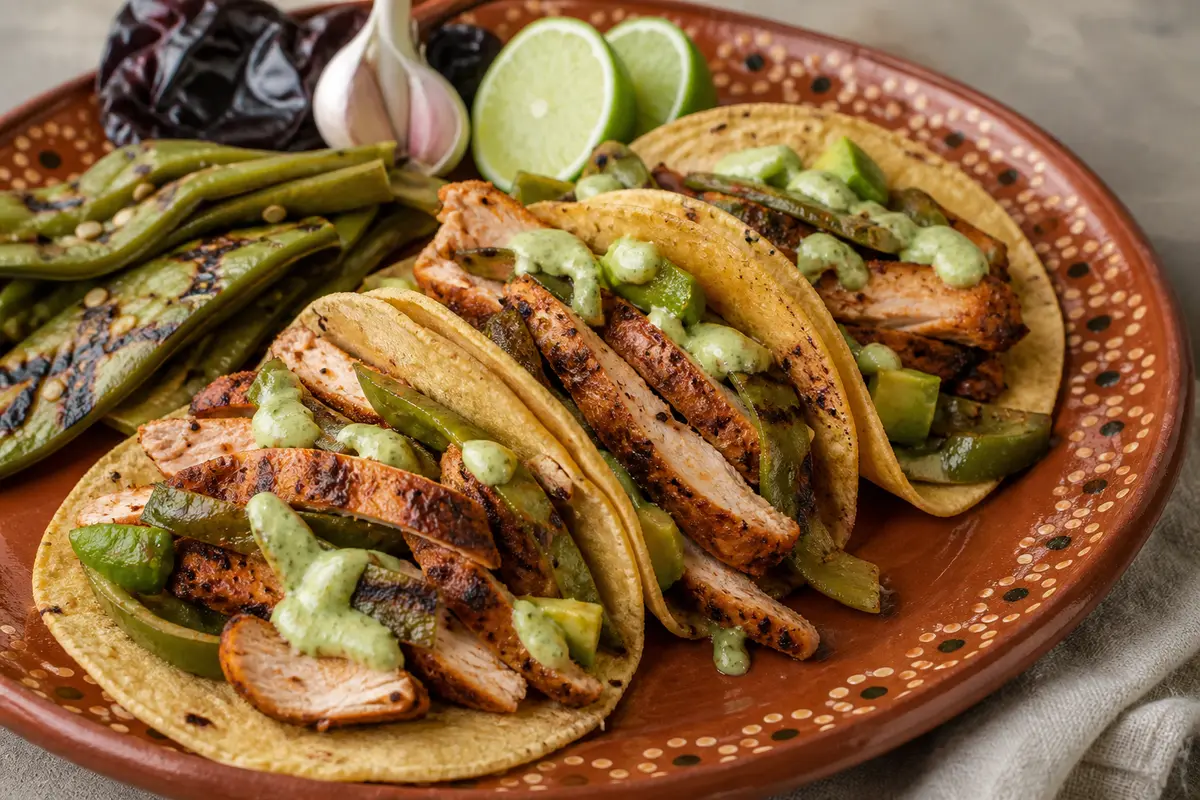 Chicken Tacos with Ancho Chile and Cocoa, Griddled Nopales, and Avocado-Lime Crema
