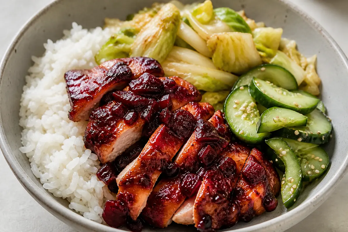 Bowl de arroz jazmín con pollo lacado al miso de remolacha, col china salteada y pepino con sésamo y lima