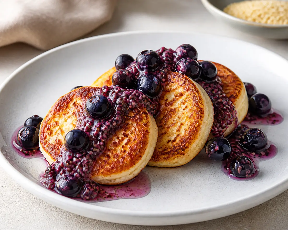 Crispy Millet Yogurt Griddle Cakes with Warm Blueberry Lime Chia Compote