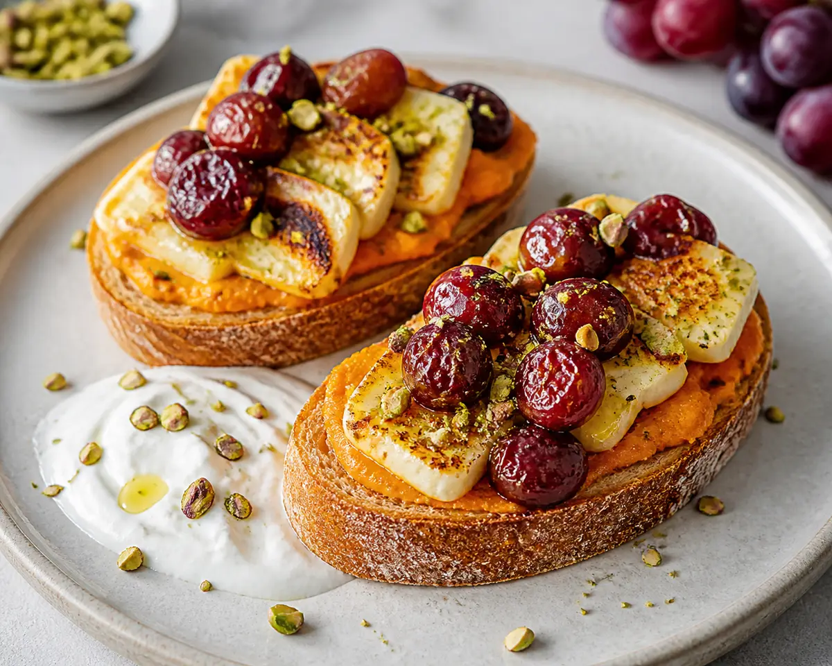 Baked Halloumi Toasts with Roasted Carrot Cumin Cream, Warm Grapes, and Pistachio