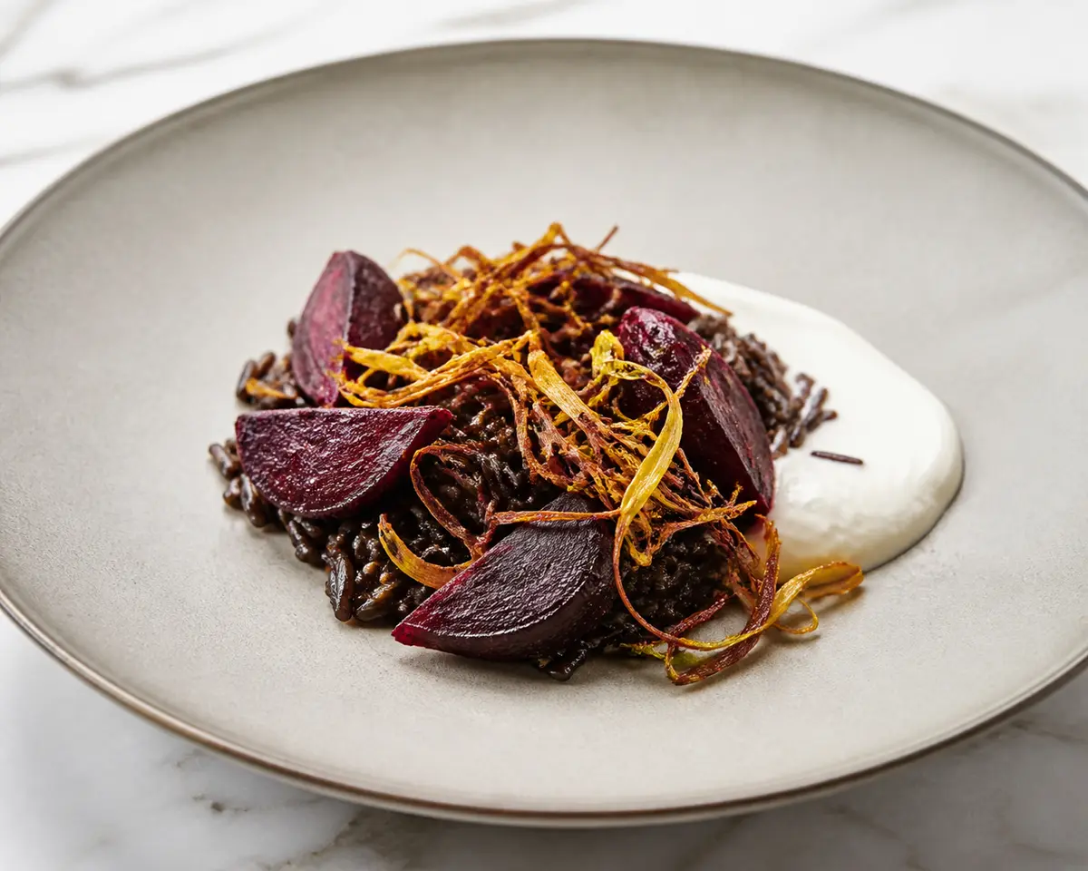 Warm wild rice salad with roasted beet, crispy leek and horseradish yogurt cream