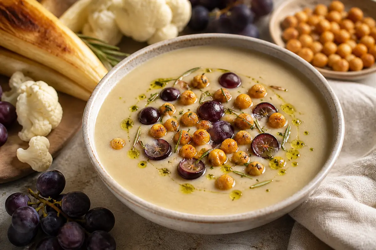 Creamy Roasted Parsnip, Cauliflower and Black Grape Soup with Rosemary Oil and Crispy Chickpeas