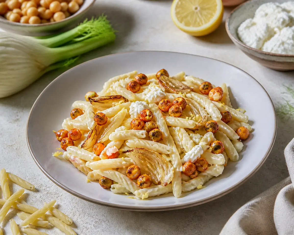Strozzapreti cremosos de hinojo asado, limón y ricotta con garbanzos crujientes al pimentón