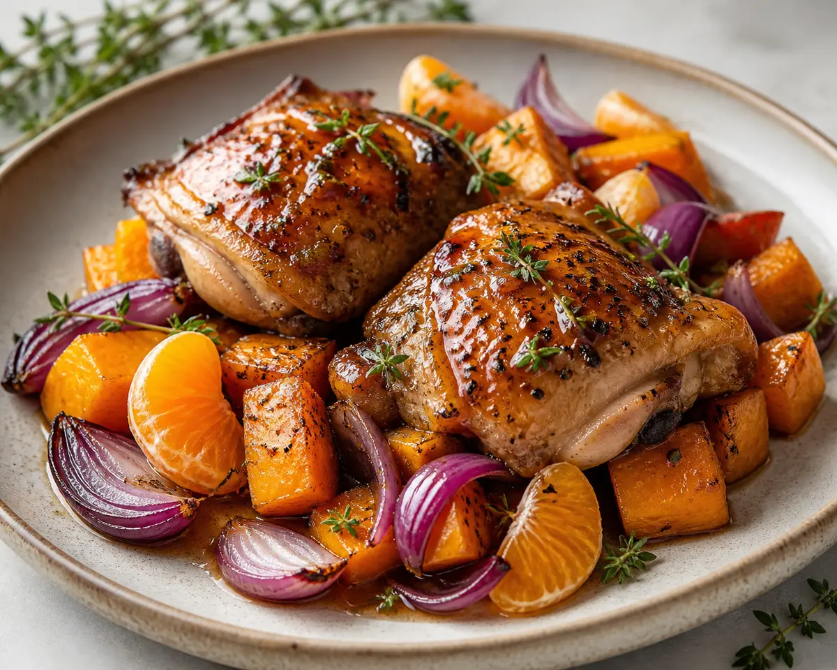 Pollo al horno con glaseado de café, mandarina y tomillo sobre calabaza especiada y cebolla morada
