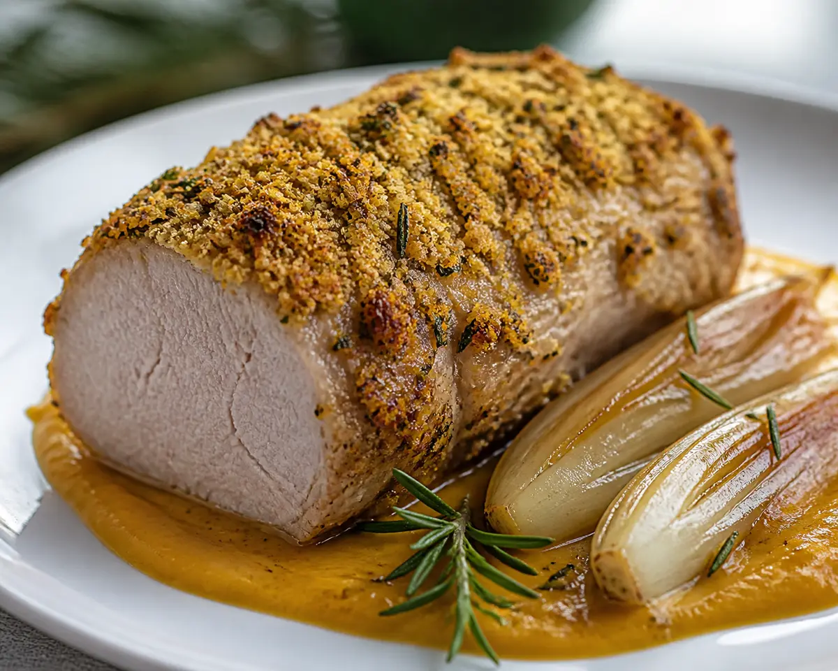 Roasted Pork Loin with Polenta-Rosemary Crust, Yellow Pepper Sauce and Caramelized Endives