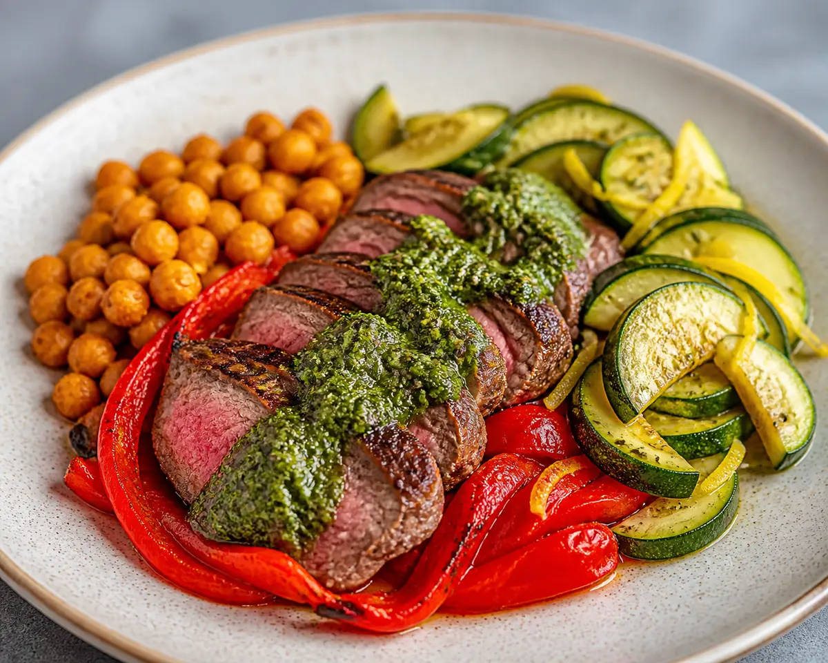 Beef Steak with Smoky Roasted Bell Pepper and Basil Sauce, Crispy Chickpeas, and Lemon Zucchini