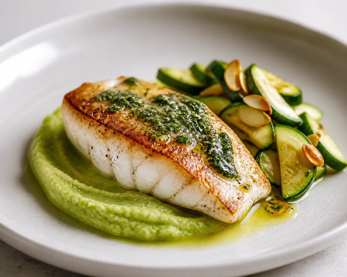 Pescado sellado con mantequilla de albahaca y limón, puré sedoso de chícharos y papa, y calabacitas salteadas con almendra