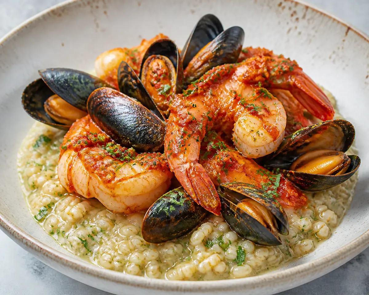 Mejillones y Langostinos al Sofrito de Pimiento Asado con Farro Cremoso de Limón y Perejil