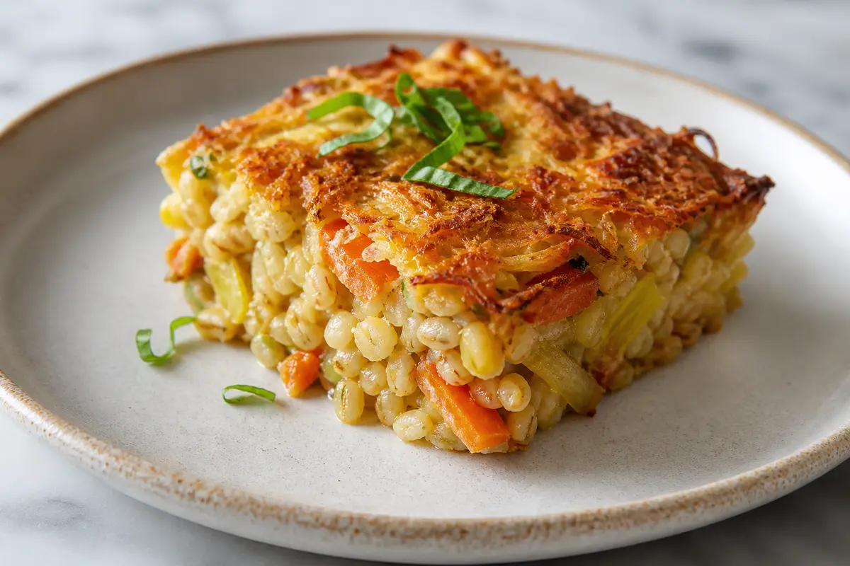 Creamy Barley Bake with Cumin-Roasted Carrots, Golden Leeks, and Crispy Manchego Crust