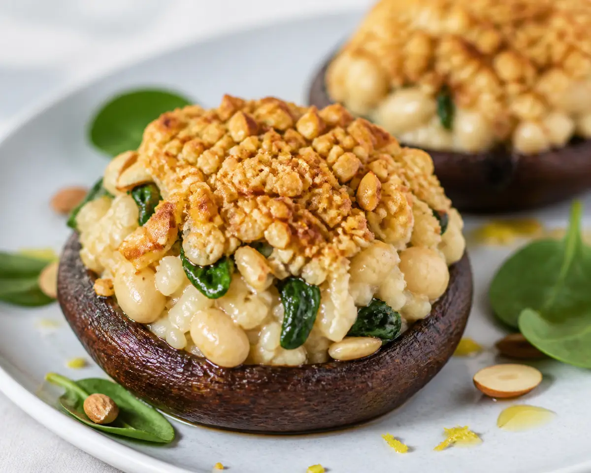 Portobello Mushrooms Stuffed with Creamy Lemon Rice, White Beans, Sautéed Spinach and Almond Crust
