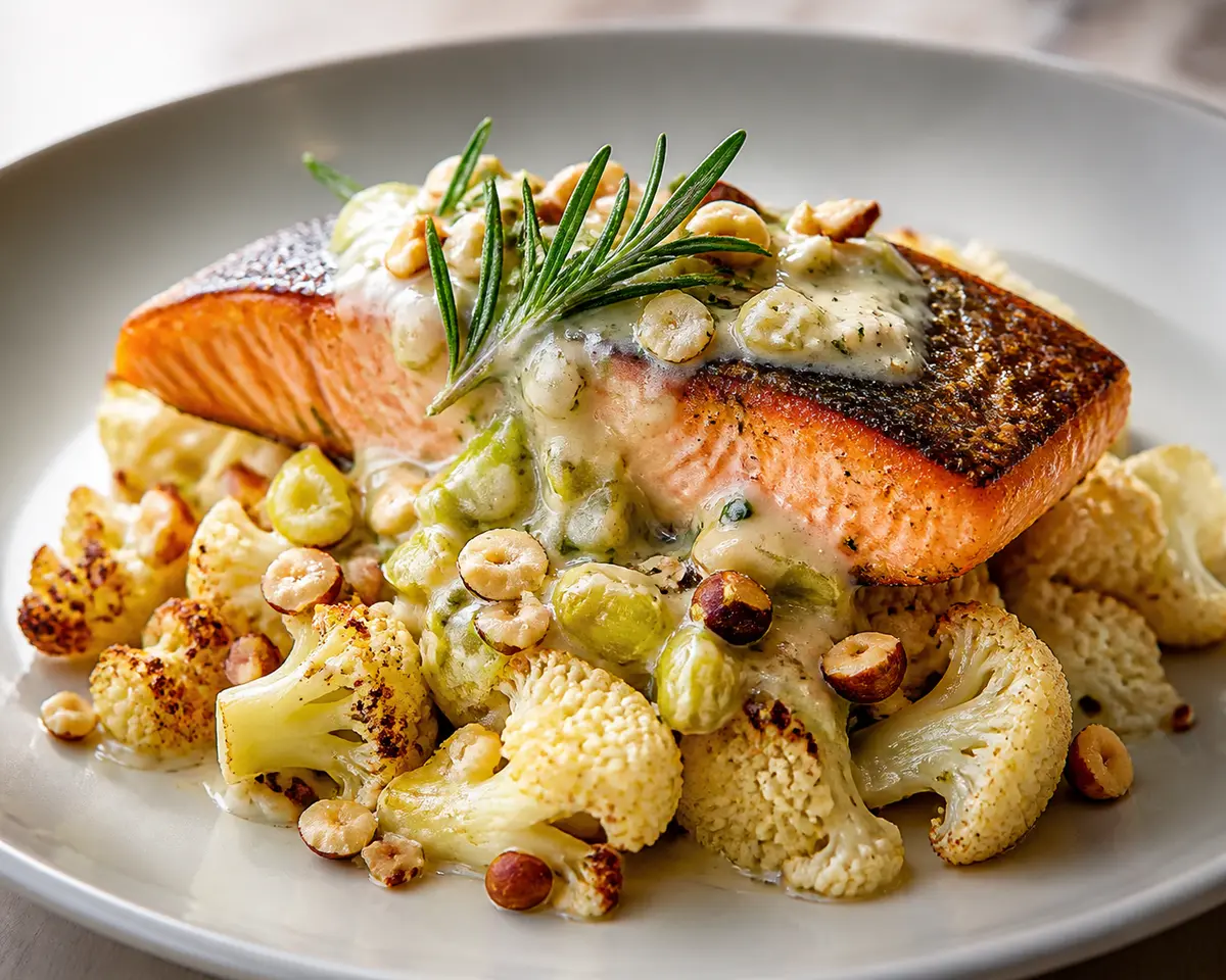 Keto Salmon with Creamy Rosemary-Leek Sauce over Roasted Cauliflower with Hazelnuts