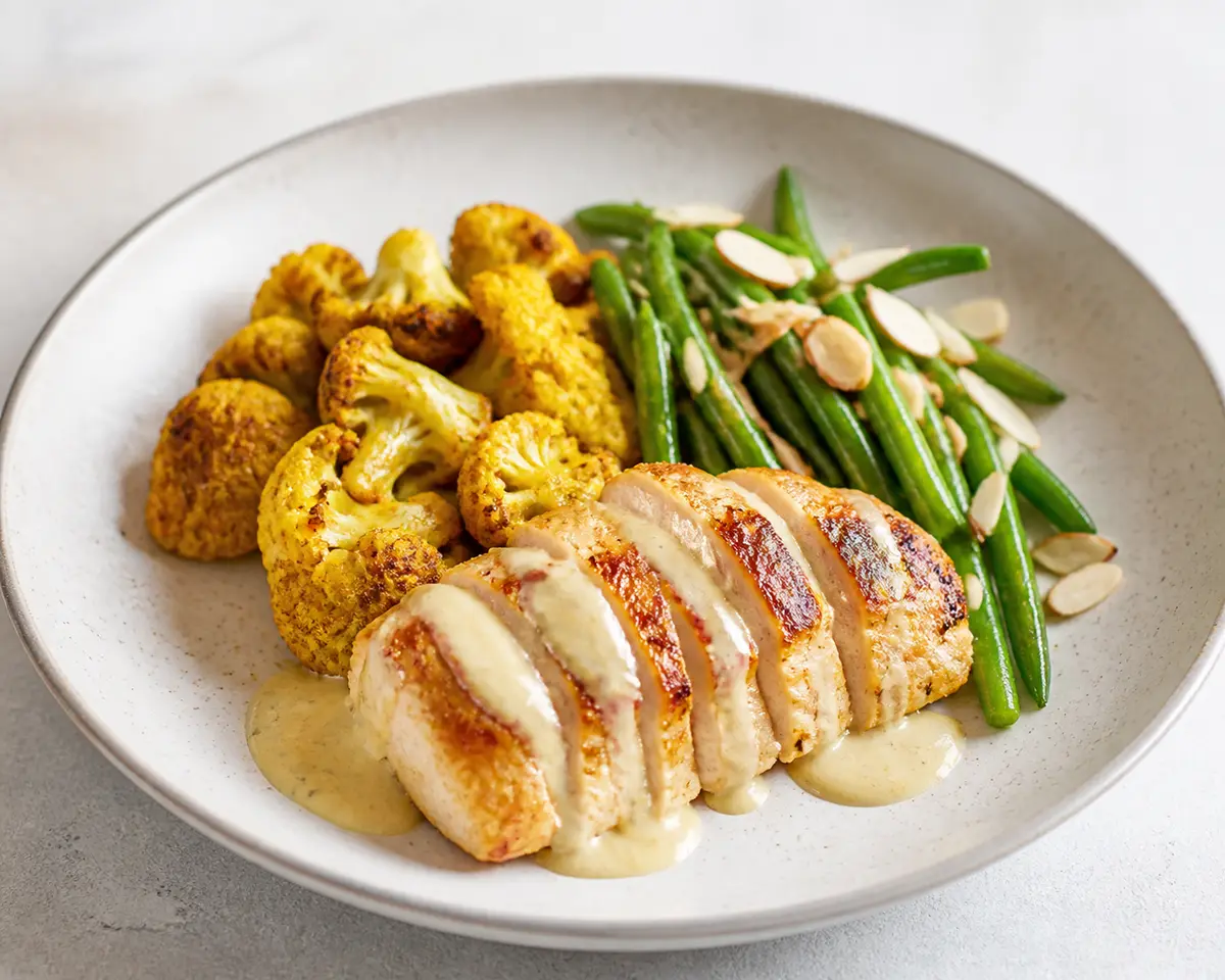 Golden Chicken with Tahini Lemon Sauce, Cumin Roasted Cauliflower and Almond Green Beans