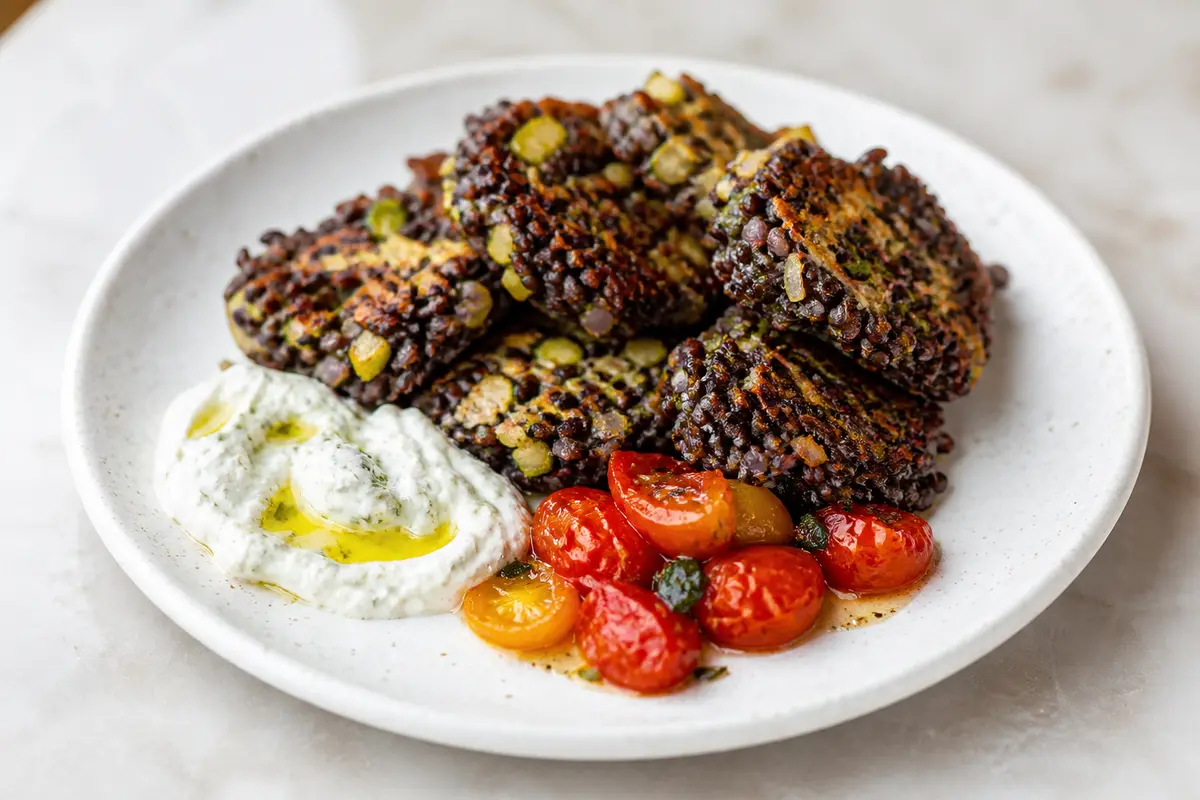 Black Rice and Zucchini Bites with Lemon Feta Cream and Burst Tomatoes