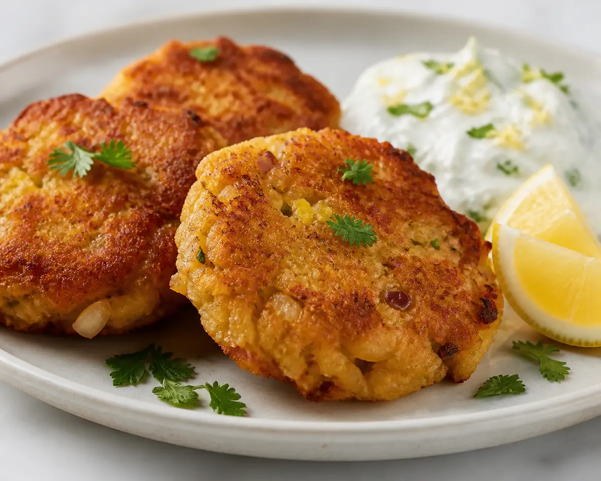 Budget Rice, Cauliflower and Onion Patties with Quick Lemon Yogurt Sauce