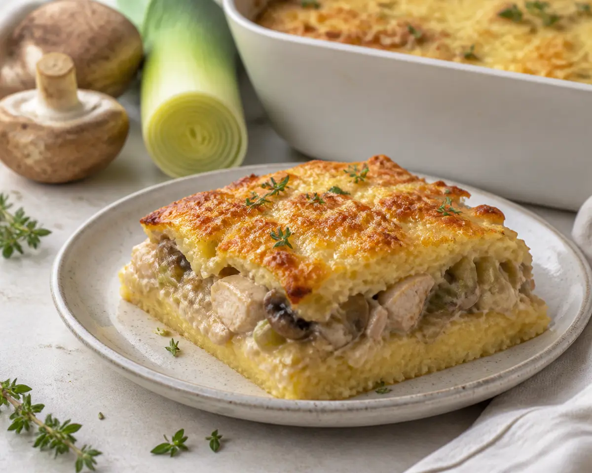 Family Creamy Polenta Bake with Leek Chicken, Mushrooms, and Thyme Cheese Crust