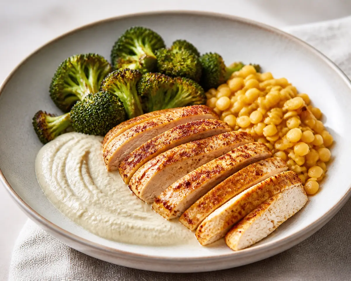 Mild Ras el Hanout Chicken with Cauliflower Tahini Cream, Roasted Broccoli and Lemon Lentils
