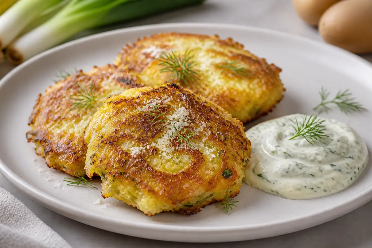 Tortitas crujientes de puerro y papa en Air Fryer con crema de mostaza suave y eneldo