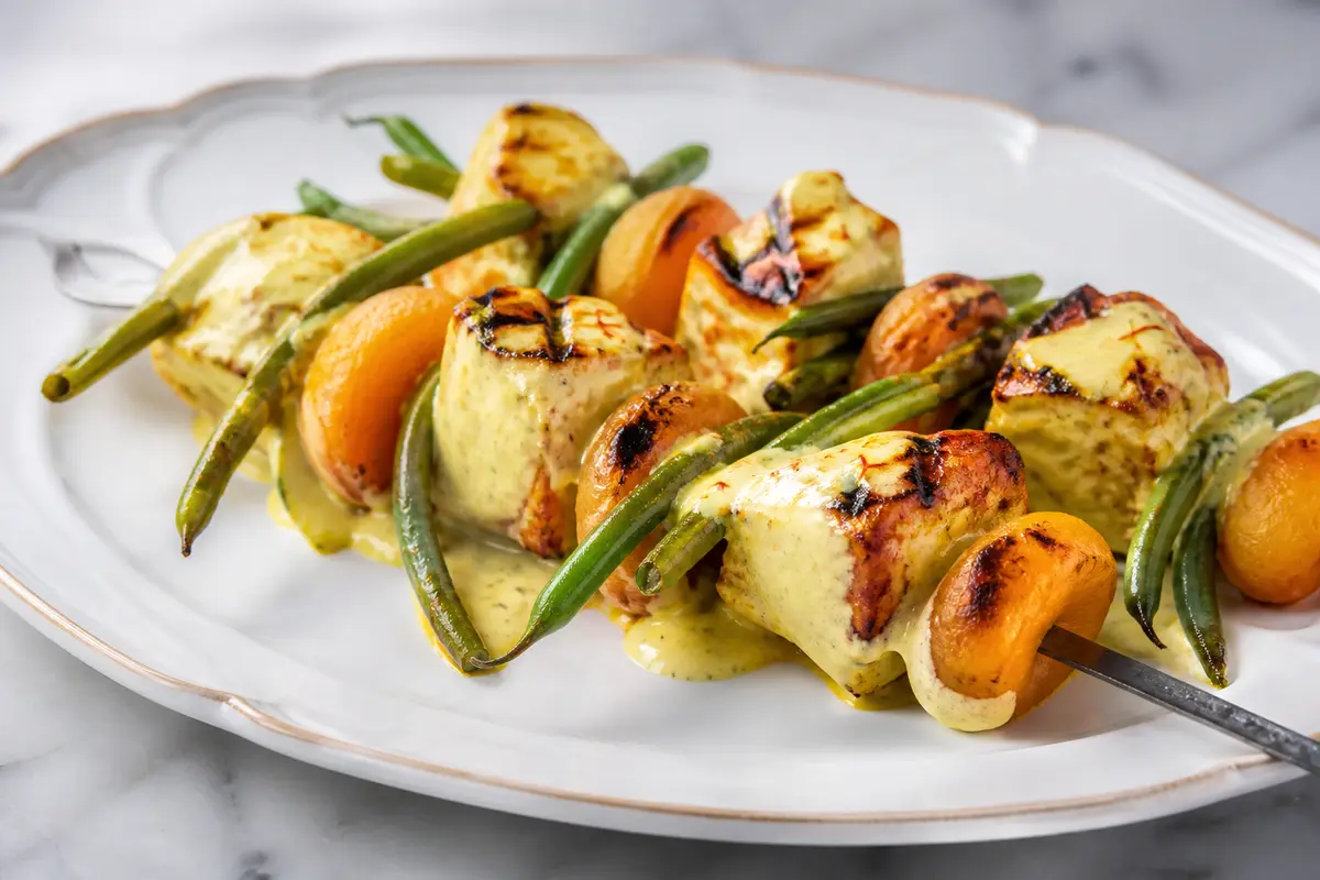 Grilled Chicken Skewers with Apricots, Green Beans, and Saffron Yogurt Lime Marinade