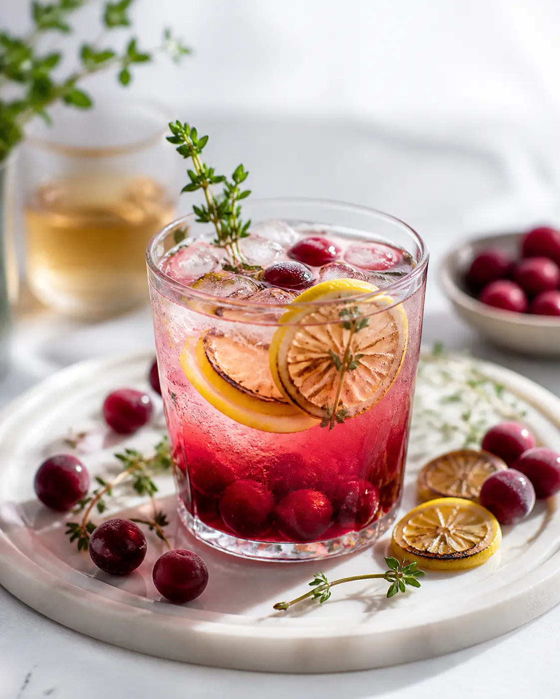 Soda fría de cereza ácida, limón asado y té verde con tomillo