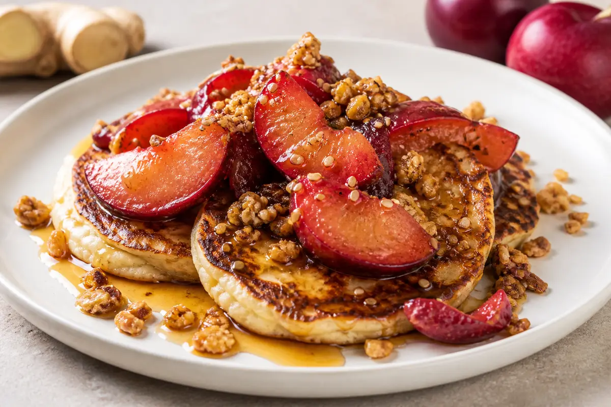 Vanilla Cottage Cheese Pancakes with Ginger-Roasted Plums and Crunchy Sesame Granola
