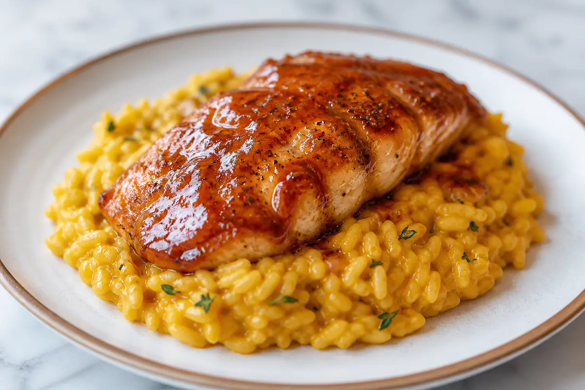 Caribbean Red Snapper with Guava-Rum Glaze over Creamy Pumpkin Thyme Rice