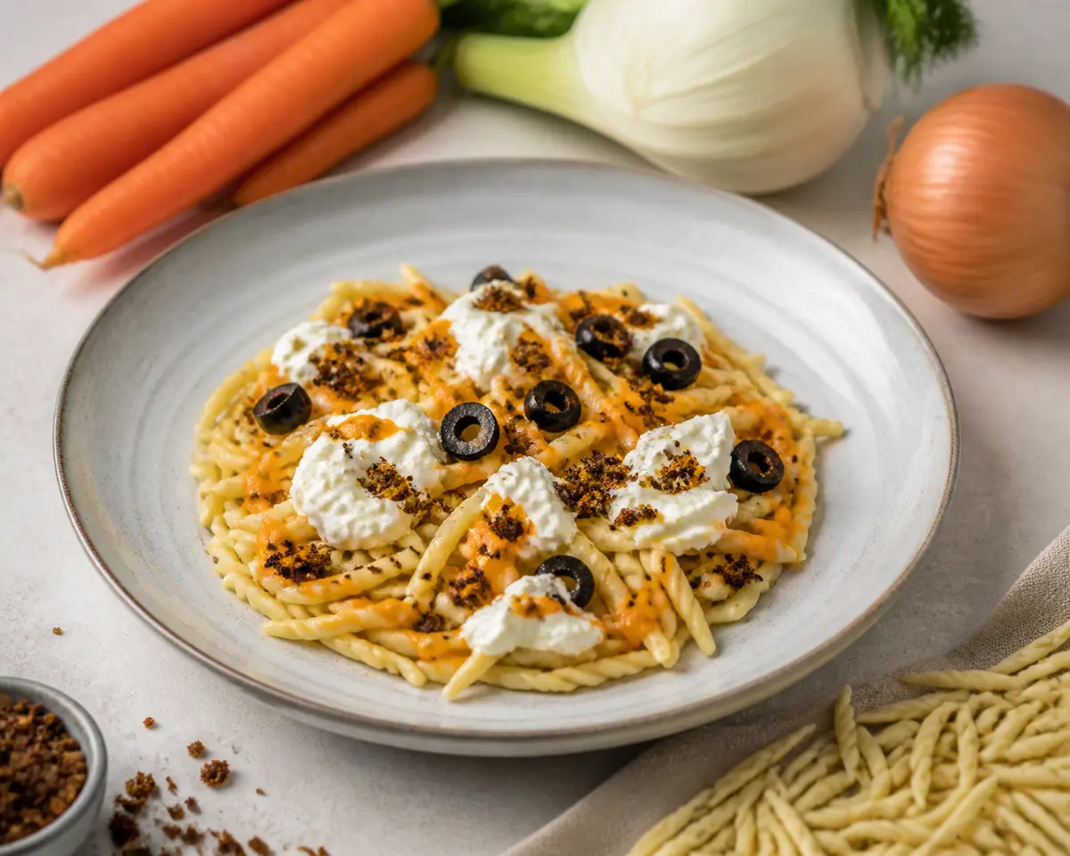Trofie con crema de zanahoria asada al hinojo, stracciatella, aceitunas negras y migas crujientes de centeno