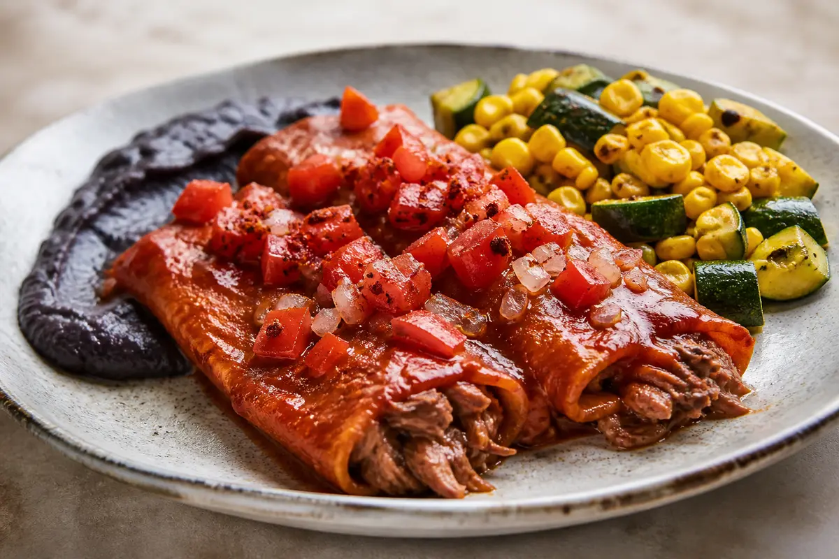 Beef Morita Chile Enchiladas with Black Bean Purée and Warm Corn Zucchini Salad