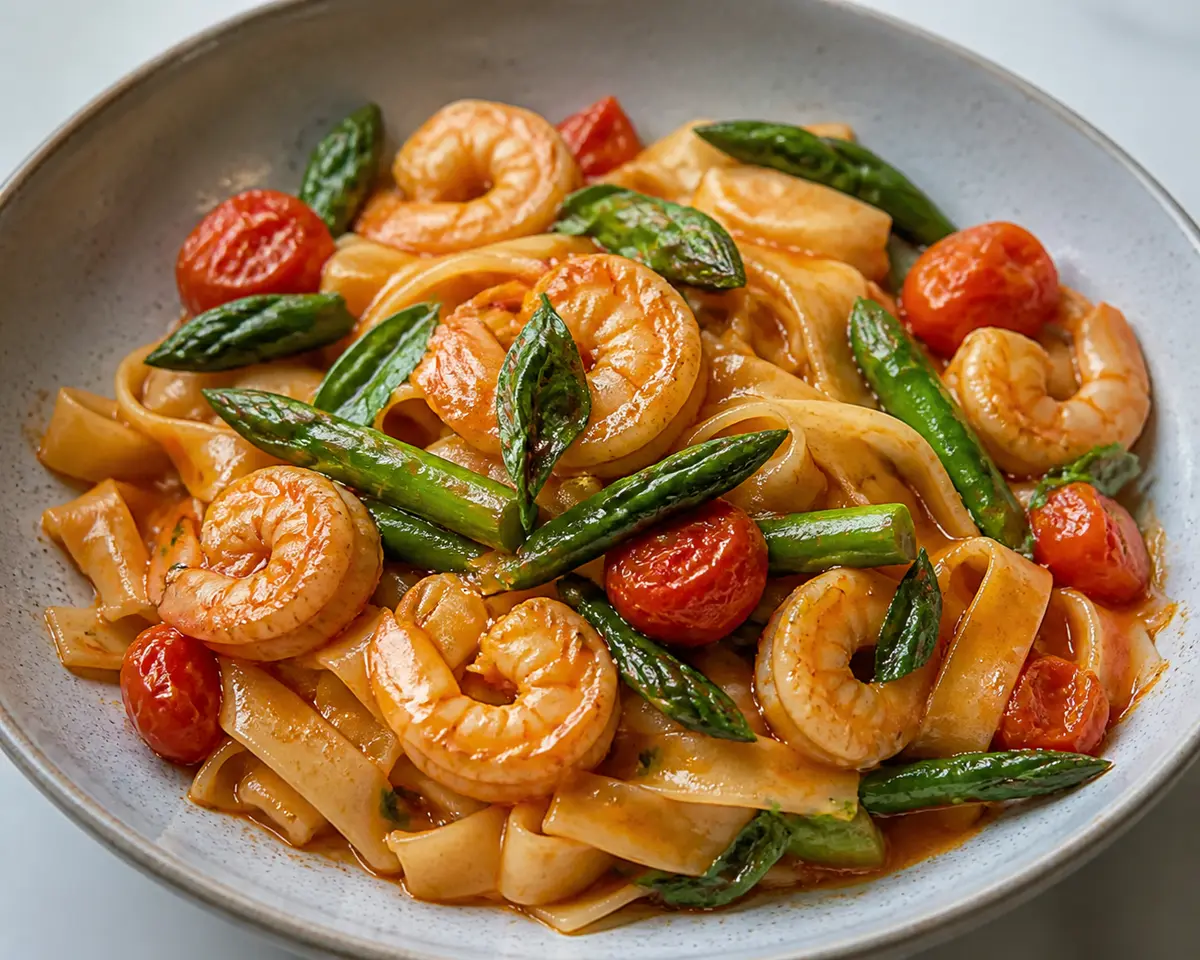 Fideos de arroz con gambas al curry rojo de tomate asado, espárragos salteados y albahaca tailandesa