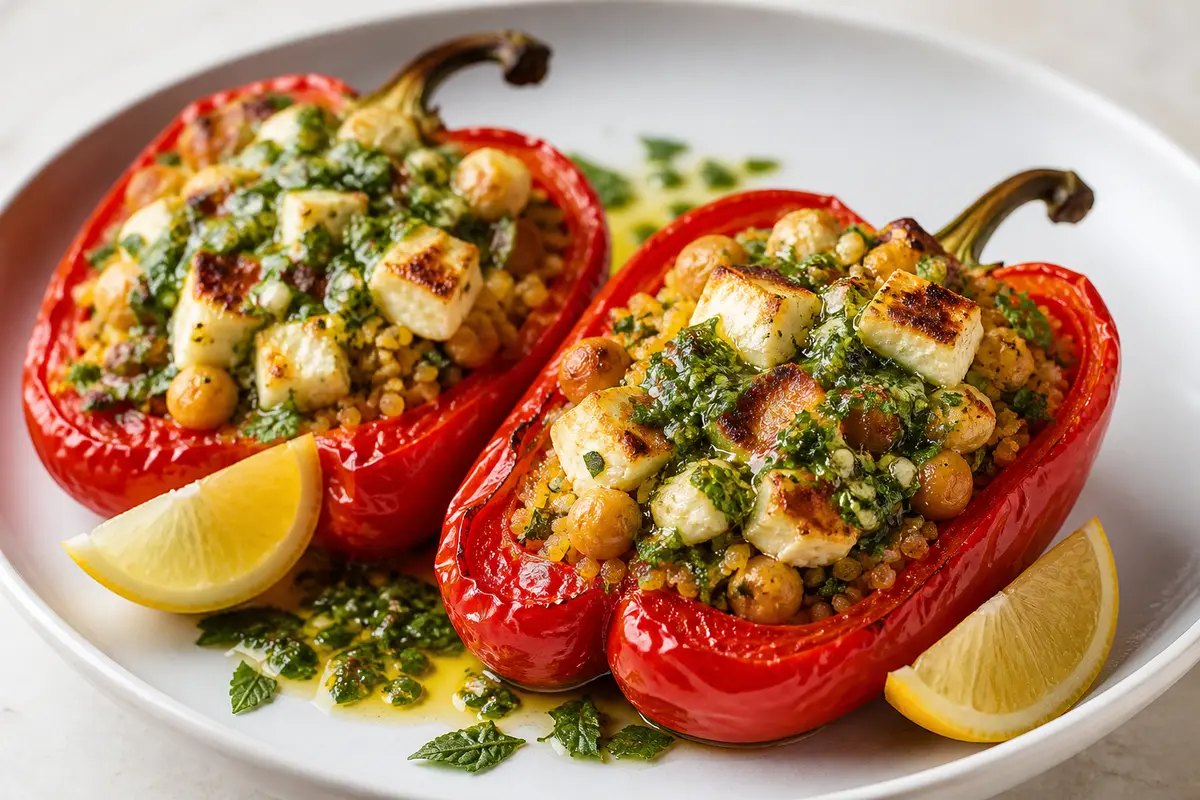 Pimientos Mediterráneos Asados Rellenos de Bulgur al Azafrán, Garbanzos y Halloumi con Salsa de Hierbas y Limón