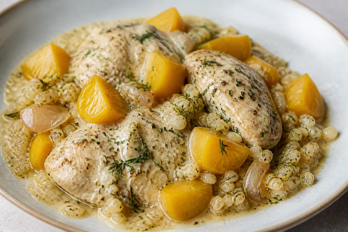 Pollo en slow cooker con remolacha dorada, cebada perlada y salsa cremosa de eneldo y mostaza