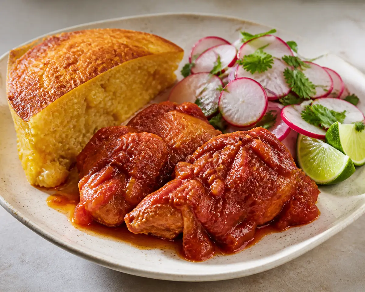 Tamal sartén de maíz y queso con pollo al recado de tomate asado y ensalada de rábano y lima